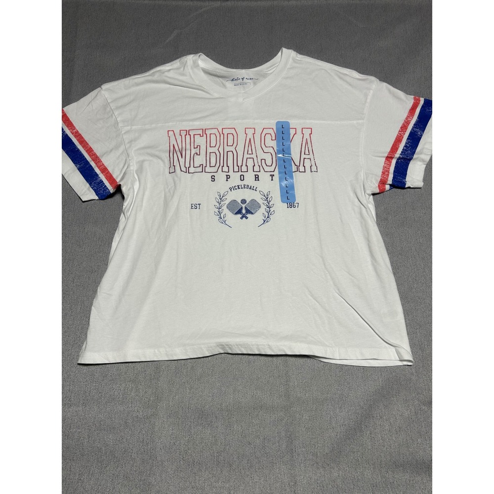 State of Mine Womens Nebraska Sport Pickleball Tee Large White V-Neck Jersey